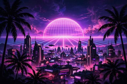Synthwave city at night, neon grid horizon, purple and pink glow, retro 80s sci-fi, palm trees silhouettes