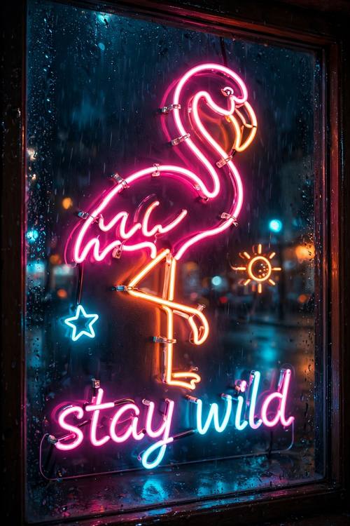 A neon flamingo standing on one leg above the words 'stay wild', in a window against a blurred rainy street at night. Vertical, close. Hot pink and orange with cyan reflections. Moody and fun. Neon sign photo: glowing glass neon tube lettering and simple line icons, bright saturated glow with soft halos and light spilling onto the surface behind, hot pink, electric cyan and orange, visible tube bends and small mounting clips, low ambient light. A real photograph, moody and electric.