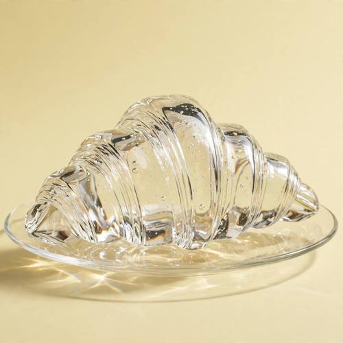A croissant made entirely of clear glass, sitting on a glass plate, light bending through its layers. Eye level, centered. Clear glass on a pale butter-yellow set. Witty and elegant. Material-swap still life: one familiar everyday object rendered hyper-real in a completely wrong material, keeping its exact shape, true-to-life texture of the new material, a seamless one-color studio set matching the object, soft studio light with a gentle shadow, centered, normal scale. Witty, clean and photorealistic.