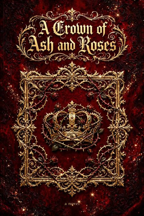 A cover for 'A Crown of Ash and Roses': a gold crown wrapped in thorny vines inside a filigree frame, the flourished title above and 'a novel' below. Straight on, symmetrical. Oxblood and gold. Dramatic. Romantasy book cover: a deep jewel background in oxblood, emerald or midnight blue, one central gold-foil emblem (a crown, a dagger, a moon or wings) inside a filigree and vine frame, a flourished display serif title, the small words 'a novel', sparkle particles, foil that shines like real metal. Dramatic and romantic; invented titles only.