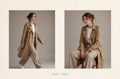 A lookbook spread: two photos side by side of the same model wearing a camel trench coat over a white tee and wide trousers, walking in one and sitting on a wooden stool in the other, plain warm-gray studio backdrop, small serif caption 'Look 07 — Autumn' at the bottom of the cream page. Editorial and calm.