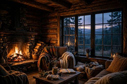 Cozy cabin interior glowing at dusk, warm firelight through the window, cinematic, inviting mood, soft grain