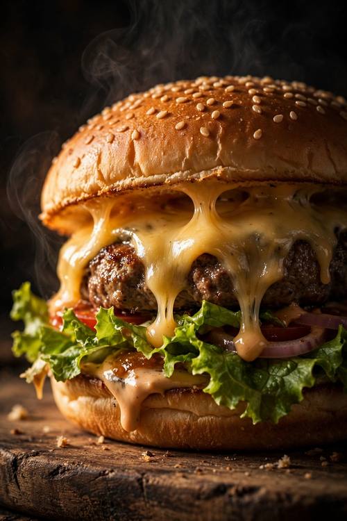 Gourmet burger with melting cheese and crisp lettuce on a wooden board, moody side light, steam, mouth-watering close-up