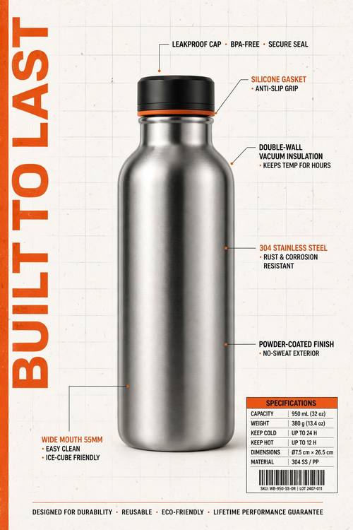 A technical product poster: a stainless steel insulated water bottle shown large in the center, thin leader lines pointing to its details with small labels in a clean monospace font, a bold condensed headline 'BUILT TO LAST' running down the left edge, a barcode and a small spec table in the bottom corner. Off-white paper with a faint grid, black and safety-orange accents.