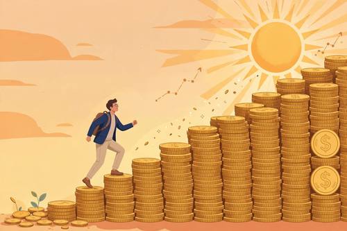 Conceptual illustration of financial growth, a person climbing stairs made of coins toward the sun, warm flat colors
