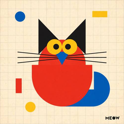 A cat built only from geometric pieces: a half-circle body, two triangle ears, circle eyes and a quarter-circle tail, the small word 'MEOW' in the bottom right corner. Straight on, centered, lots of cream around it. Red, yellow, blue and black. Playful and orderly. Bauhaus geometric poster: flat circles, half circles, quarter circles, triangles and rectangles in primary red, yellow and blue with solid black, on warm cream paper, arranged on a clear grid with bold asymmetric balance, a bold geometric sans-serif in black, crisp flat edges, a faint printed paper grain. No gradients, no shading, no 3D.
