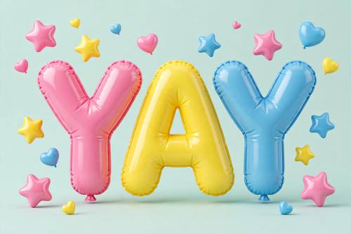 The word 'YAY' in big puffy inflated letters, small inflated stars and hearts floating around it. Straight on, centered, lots of space around. Bubblegum pink, lemon and sky blue on a mint backdrop. Joyful. Inflated 3D render: puffy, balloon-like glossy shapes and lettering that look blown up with air, soft rounded seams, glossy plastic highlights, bright candy colors, soft studio light with gentle shadows, a plain pastel backdrop, centered. Glossy and bouncy, not matte clay.