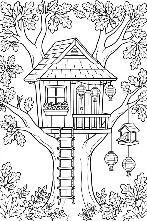 A cozy treehouse in a big oak with a rope ladder, a bird feeder and paper lanterns, framed by leafy branches. Printable coloring page: crisp black outlines in one even medium weight, every shape fully closed, large open areas to color, no fills, no shading, no gray tones, no texture, pure white background.