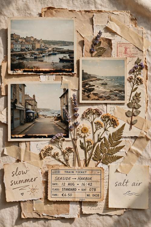 A scrapbook moodboard collage seen from above: torn paper, faded film photos of a seaside town, pressed flowers, a train ticket stub, strips of tape, and handwritten notes saying 'slow summer' and 'salt air', warm sun-faded tones.