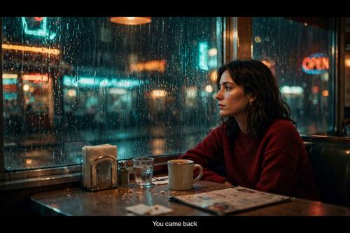 A woman alone in a diner booth at night looking out a rainy window, neon reflections on the glass, the subtitle 'You came back'. Medium shot from across the table. Teal, amber and deep red. Lonely and tender. Cinematic film still: a frame paused from an indie film, black letterbox bars at top and bottom, warm film grain and a soft teal-and-amber grade, natural motivated light, shallow depth of field, a single line of white subtitle text centered near the bottom. Quiet and cinematic, a real photograph.