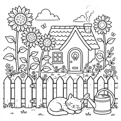 A cottage garden with tall sunflowers, a watering can, a picket fence and a sleeping cat, seen from the front, medium detail for all ages. Printable coloring page: crisp black outlines in one even medium weight, every shape fully closed, large open areas to color, no fills, no shading, no gray tones, no texture, pure white background.
