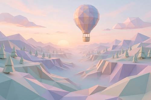 Low poly hot air balloon over a geometric valley, faceted shapes, pastel sunrise, clean minimal 3D scene