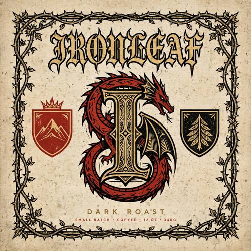 A coffee bag label for a roastery called 'Ironleaf': a flat dragon coiled around an illuminated drop cap 'I', thorny vine border, the small sans line 'DARK ROAST' at the bottom. Straight on, centered. Ink black, antique gold and oxblood on parchment. Bold and ornate. Future medieval graphic: a harsh, spiky blackletter headline paired with a small clean modern sans-serif, an illuminated drop cap, thorny vine borders, heraldic shields and flat stylized dragons or griffins, oxblood red, ink black, antique gold and parchment, flat print with a light grain. Dark, ornate and modern at once; no crosses or religious symbols.