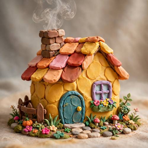 Claymation tiny cottage with a smoking chimney, handmade plasticine texture, visible fingerprints, warm playful colors, soft studio light