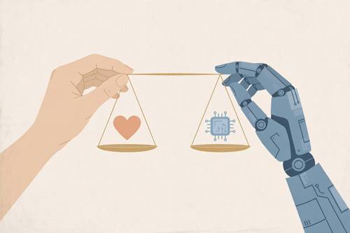 Editorial illustration of artificial intelligence ethics, human and robot hands balancing a scale, minimal, thoughtful tone