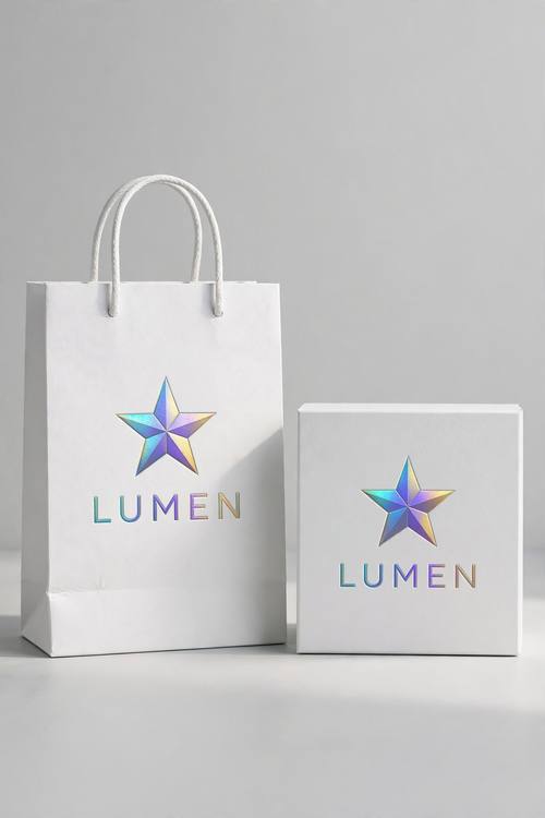 A minimal white shopping bag and a square gift box, each with a foil-stamped star logo and the word 'LUMEN', side by side. Eye-level product shot with a soft shadow on a light gray backdrop. Rainbow foil on matte white. Festive and futuristic. Holographic foil product shot: iridescent rainbow foil that shifts from cyan to violet to gold across its surface, crisp foil-stamped edges, everything else printed on matte bright white or pale gray stock, arranged on a clean light surface with soft shadows, sharp focus. Premium and futuristic.