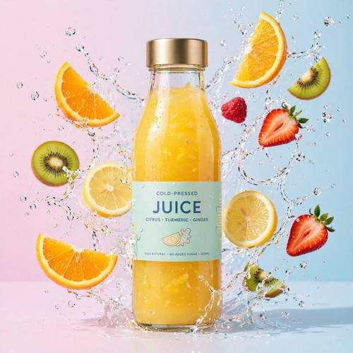 Glass bottle of cold-pressed juice on a bright pastel background with fresh fruit slices mid-splash, vibrant product shot