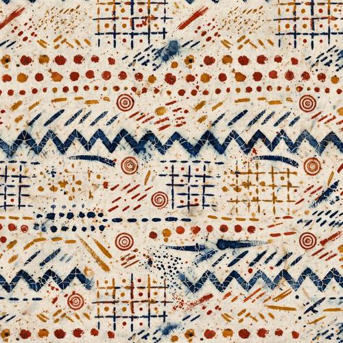 A seamless textile pattern of hand-painted marks: rows of dots, zigzags and small concentric circles on rough cotton, painted by hand so no two are alike. Flat, edge to edge. Rust and ochre on cream. Earthy and calm. Afro-boho textile style: hand-dyed indigo resist patterns and mudcloth-inspired hand-painted marks (dots, dashes, zigzags, grids and concentric circles, generic and abstract, no sacred or ceremonial symbols, no masks) on rough handwoven cotton, terracotta, rust, ochre and deep indigo with natural rattan and clay, soft warm daylight. Textured, earthy and calm.