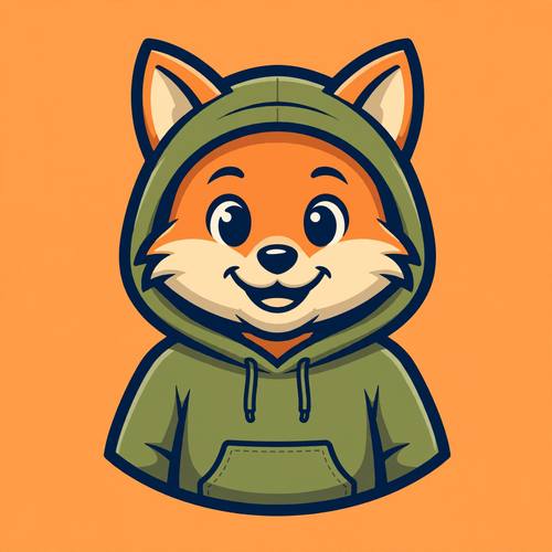 Friendly fox mascot wearing a hoodie, flat vector illustration, bold outlines, cheerful expression, simple brand character on a solid background