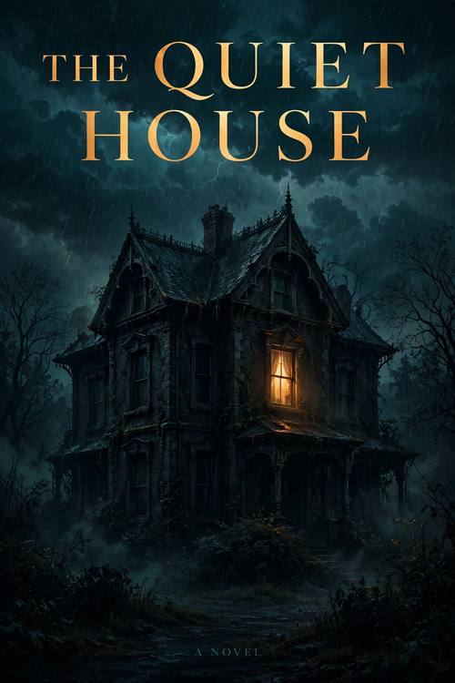 Book cover for a mystery novel: a single lit window in a dark Victorian house under a stormy sky, the title 'THE QUIET HOUSE' in tall elegant serif capitals, 'A NOVEL' in small type at the bottom, deep teal and amber, atmospheric.