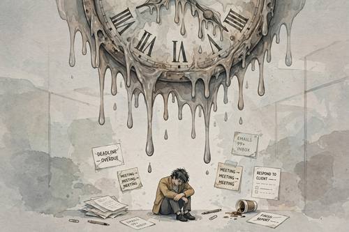 Editorial illustration of workplace burnout, a tiny person under a heavy melting clock, muted palette, conceptual, blog header style