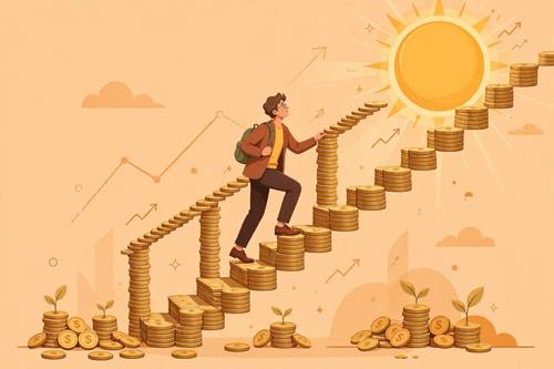 Conceptual illustration of financial growth, a person climbing stairs made of coins toward the sun, warm flat colors