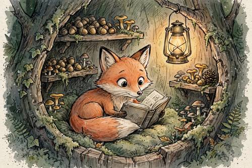 A small red fox curled up reading a book by lantern light inside a hollow tree, shelves of acorns and mushrooms around him. Close, cozy framing at the fox's eye level. Deep forest greens and soft grays around a rust-orange fox. Picture-book illustration: loose, lively pencil and ink linework with light hatching, muted color washes laid over the drawing, one warm glowing light that draws the eye, big-eyed characters with simple rounded proportions, soft paper grain.