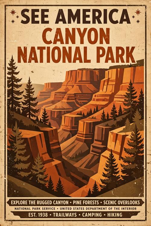 Vintage national park travel poster, stylized canyon and pine trees, WPA poster aesthetic, warm earth tones