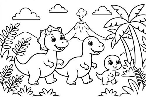 A friendly dinosaur family walking through ferns and palm trees with a volcano far behind, simple bold shapes for toddlers. Printable coloring page: crisp black outlines in one even medium weight, every shape fully closed, large open areas to color, no fills, no shading, no gray tones, no texture, pure white background.