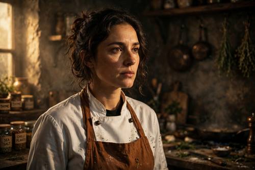 Cinematic portrait of a chef in a moody kitchen, dramatic Rembrandt lighting, warm tones, film still quality