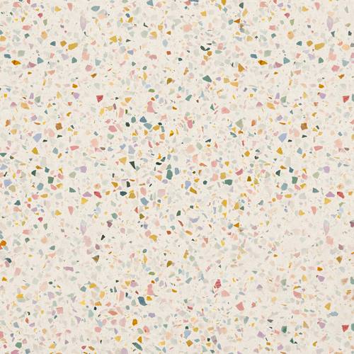 Seamless terrazzo texture, scattered confetti chips on warm off-white, flat top-down, evenly distributed, tileable