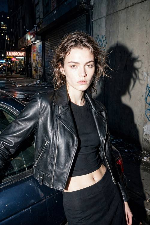 A direct on-camera flash fashion photo at night: a model wearing a cropped black leather jacket leaning against a parked car on a city street, a hard shadow behind her, slightly overexposed skin, gritty background, raw editorial magazine feel.