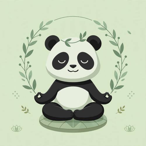 Calm panda mascot meditating, minimal flat design, soft green palette, wellness brand character