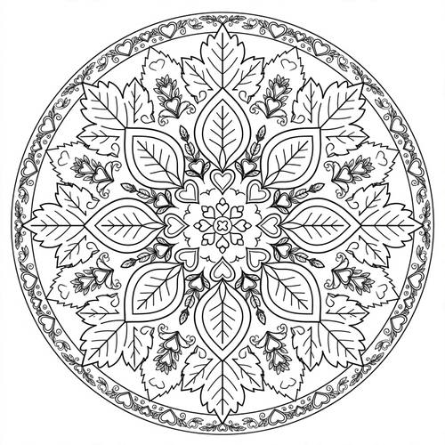 A round mandala of leaves, petals and small hearts radiating from the center, perfectly symmetrical, intricate detail for adults. Printable coloring page: crisp black outlines in one even medium weight, every shape fully closed, large open areas to color, no fills, no shading, no gray tones, no texture, pure white background.
