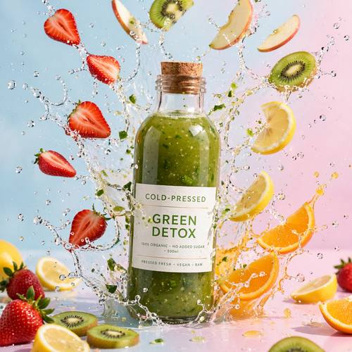 Glass bottle of cold-pressed juice on a bright pastel background with fresh fruit slices mid-splash, vibrant product shot