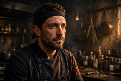 Cinematic portrait of a chef in a moody kitchen, dramatic Rembrandt lighting, warm tones, film still quality