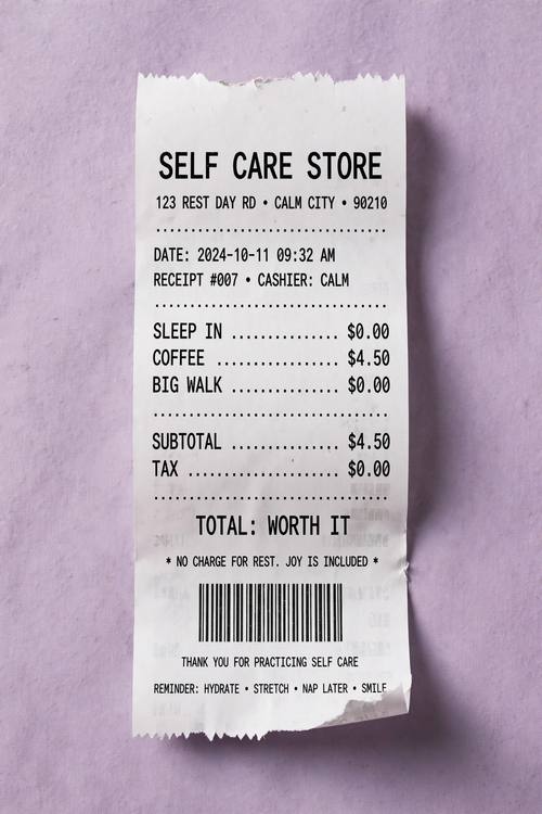 A receipt from 'Self Care Store' listing 'SLEEP IN', 'COFFEE' and 'BIG WALK', ending with 'TOTAL: WORTH IT' and a barcode. Overhead, the receipt running down the frame. Black on white thermal paper on a lilac surface. Witty. Thermal receipt design: a strip of white thermal paper with zigzag torn ends, black monospace capital type, dotted divider lines, itemized lines with prices, a barcode as decoration, a slight curl and faint gray print fade, photographed on a plain colored surface with a soft shadow. Clean, witty and minimal.