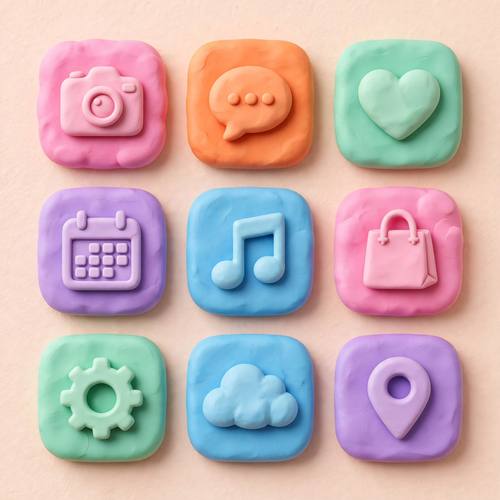 A set of nine app icons in a three-by-three grid: a camera, a chat bubble, a heart, a calendar, a music note, a shopping bag, a gear, a cloud and a map pin, each on its own rounded tile. Straight-on view, even spacing. Bubblegum pink, tangerine, mint, lilac and sky blue on a pale peach backdrop. Playful and friendly. Claymorphism 3D render: soft, puffy, rounded shapes that look molded from matte modeling clay, chunky proportions with no sharp edges, a faint hand-pressed surface texture, playful saturated candy colors, soft diffused studio light, one soft contact shadow, plain pastel backdrop. Matte, not glossy, no chrome.