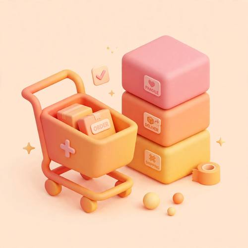 Isometric 3D shopping cart and boxes for an e-commerce app, warm gradient colors, rounded shapes, soft render