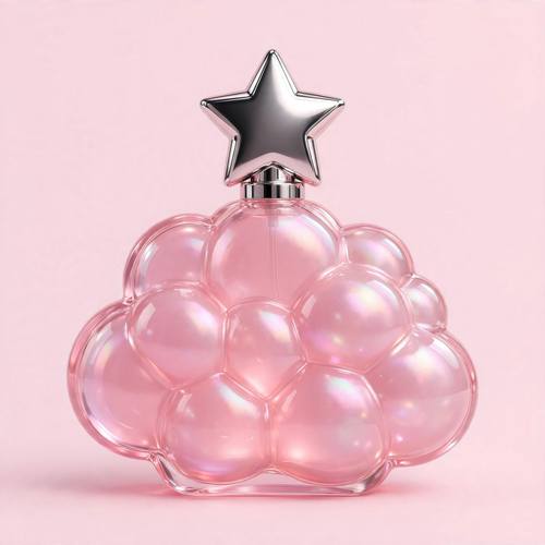 A perfume bottle shaped like a puffy cloud with a chrome star cap. Pink jelly glass with a pearly shine, pale pink backdrop. Y2K kitsch 3D render: translucent jelly-like pastel resin with a soft inner glow, polished chrome and pearlescent accents, puffy inflated details, crisp specular highlights under soft top light, one soft tinted contact shadow, flat seamless backdrop, centered near-frontal view.