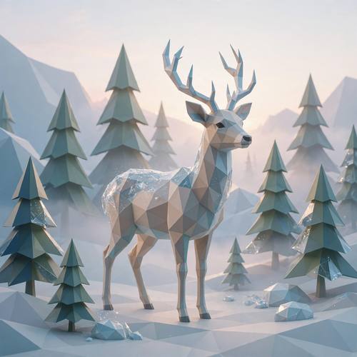 Low poly 3D deer in a geometric pine forest, crystalline facets, soft dawn light, elegant minimal render