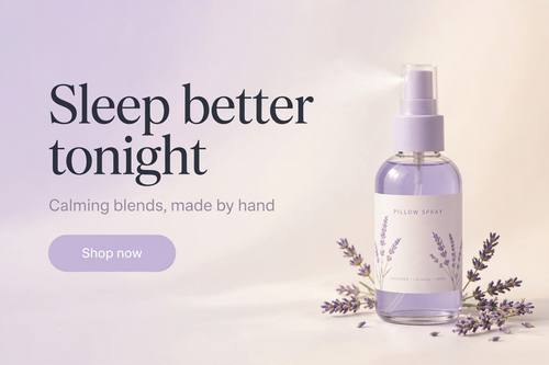 A website hero banner: a lavender pillow spray bottle on the right side of a soft lavender-to-cream gradient, a headline on the left reading 'Sleep better tonight' with a smaller line 'Calming blends, made by hand' and a rounded button labeled 'Shop now'. Clean, airy layout with lots of space.