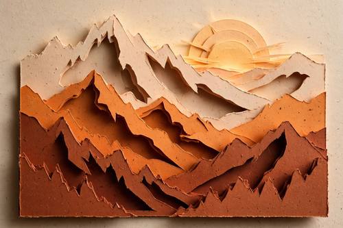 Layered paper cut mountains and sun at dawn, stacked warm paper tones, deep shadow between layers, handcrafted depth