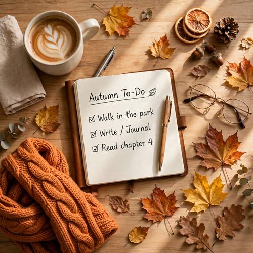 Top-down flat lay of a cozy autumn desk, coffee, notebook, knit scarf and fallen leaves, warm natural light, neatly arranged