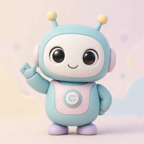 Cute robot mascot with round eyes waving, soft 3D render, pastel colors, approachable tech brand character