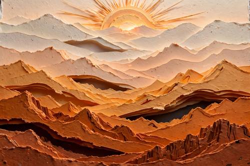 Layered paper cut mountains and sun at dawn, stacked warm paper tones, deep shadow between layers, handcrafted depth