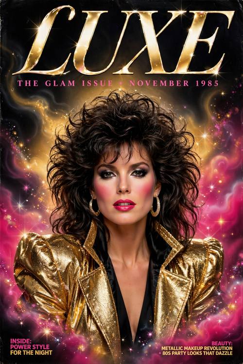 A magazine cover for 'LUXE': a model in a gold lamé jacket with big shoulders and big hair, the title in glossy italic serif across the top. Studio portrait, chest up. Black, gold and fuchsia airbrush behind. Bold. 1980s luxe glam: glossy black with gold and fuchsia, airbrushed gradient skies, big glossy italic serif type, glamorous styling with big hair and shoulder pads, sparkle glints and star flares, studio light with a soft glow. Bold, rich and glamorous.