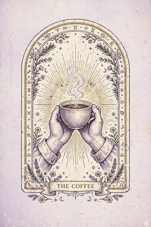 A phone wallpaper of a card titled 'THE COFFEE': two hands holding a steaming cup inside a sunburst, small stars and flowers around the border. Vertical, the card centered. Lavender and cream with gold lines. Cozy and witty. Mystic tarot card illustration: one card with an arched top and a thin decorative border, fine engraved line art with hatching, suns, crescent moons, stars, zodiac glyphs, hands and flowers, a small title in elegant capitals in a banner at the bottom, aged printed card stock. Mysterious and elegant; no religious figures or religious symbols, no eyes in triangles.