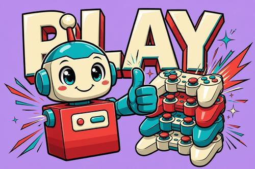 A smiling robot mascot giving a thumbs up beside a stack of game controllers, the word 'PLAY' in chunky letters behind. Eye level. Red, teal and cream on lilac. Cheerful and punchy. Toon-shaded 3D render: clean 3D shapes lit with only two or three flat shading bands, crisp black ink outlines around every form, one sharp anime-style highlight on glossy parts, flat saturated colors, a few speed lines or impact sparks, a plain flat color backdrop. Bold, energetic and graphic; not soft clay, not photorealistic.