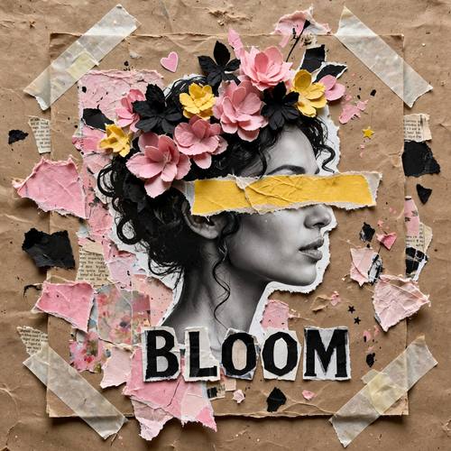 A collage portrait: a black-and-white cut-out photo of a woman in profile, a torn strip of yellow paper across her eyes, paper flowers sprouting from her hair, tape at the corners and the cut-out word 'BLOOM'. Overhead, the portrait centered. Pink, yellow and black on kraft. Dreamy and bold. Mixed-media paper collage photographed flat from above: torn paper edges with white fibers, cut-out black-and-white and faded color photo pieces, strips of translucent masking tape, small stickers, ransom-style words cut from magazines, layers casting small real shadows, a kraft paper backdrop. Handmade, tactile and a little messy.